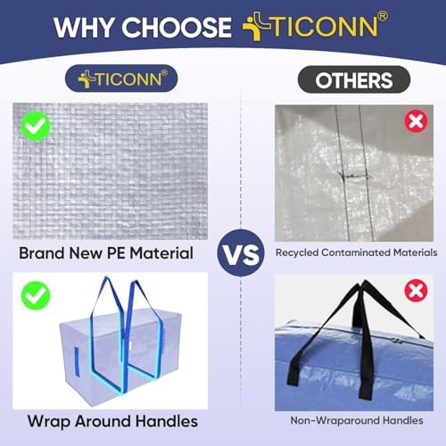 TICONN 12 Pack Extra Large Moving Bags Heavy Duty with Zippers & Carrying Handles, Durable Storage Bags Moving Boxes for Closet Organizers and Storage (12 Pack, Blue) - Image 6