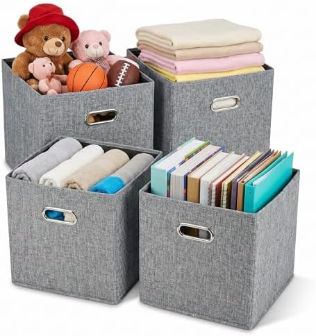 12x12 Gray Fabric Storage Cubes, 4 Pack – Foldable Linen-Look Cube Organizer Bins with Handles, Collapsible Cubby Baskets for Closet, Shelves, Nursery, Dorm Room & Kallax-Style Storage by ClutterMutter