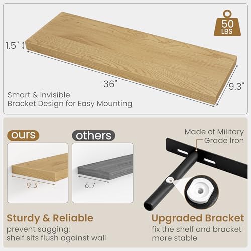 36 Inch Long Floating Shelves for Wall, 9.3 Inch Deep Floating Shelf with Heavy-Duty Bracket, 2 Pack Long Shelves for Bathroom, Living Room, Bedroom, Wall Mounted Storage Shelf for Books Decor, Oak - Image 3