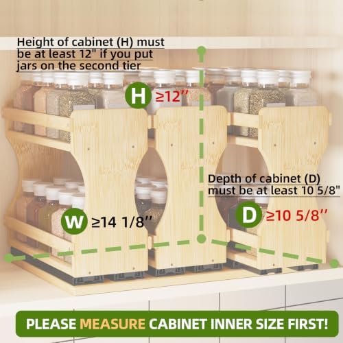BAMEOS Pull Out Spice Rack Organizer for Cabinet, Bamboo Wide 13.9" Slide Out Seasoning Organizer for Kitchen, No Drill Anti-Tip Ball Bearing Silent Glides, Pantry Cabinet Organizer,Natural - Image 4