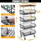 Gsiekare 5 Tier Fruit and Vegetable Basket for Kitchen with Wheels - Image 3