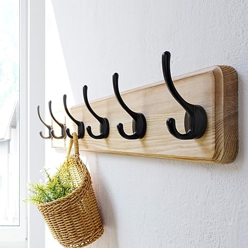 Dseap Coat Rack Wall: 24" Long, Patented, Heavy-Duty, 6-Double-Hooks Wooden Wall Mounted Coat Rack Coat Hanger Hook Rail for Winter Coats Hat Jacket Clothing, Light Brown - Image 2