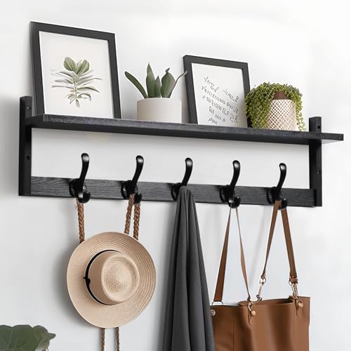 Tatub 29'' Coat Rack Wall Mount with Shelf, Wood Wall Hooks with Storage, Entryway Shelf with 5 Coat Hangers for Bathroom, Living Room, Bedroom, Black by Tatub