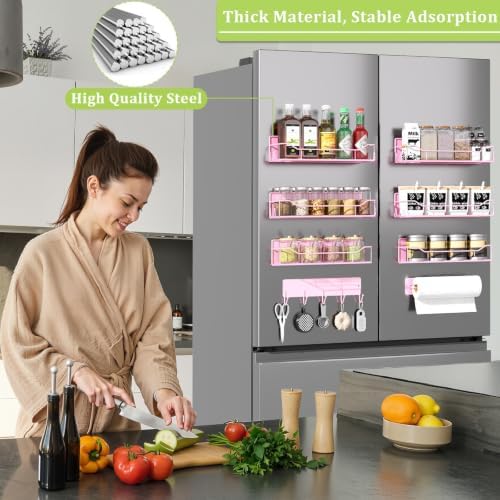 Magnetic Spice Rack for Refrigerator, 9 Pack Magnetic Fridge Shelves W/Adjustable Paper Towel Holder, Hook Rack, Moveable Spice Organizer Shelf for Kitchen Organization and Storage (Pink) - Image 6