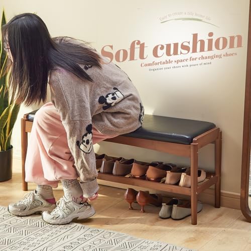 STDDRE Shoe Rack Bench Entryway Bamboo Shoe Storage Bench with Leather Cushion 2 Tiers Shoe Rack Entryway Bench for Hallway, Living Room,Bedroom(Black Bench top+Brown Frame) - Image 4