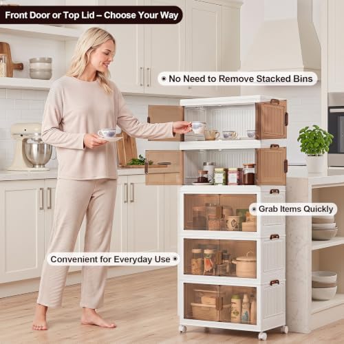 120QT Stackable Storage Bins With Lids, Collapsible Plastic Storage Bins with Wheels and Doors, Foldable Plastic Cabinets for Bedroom Dorm Garage Office Kitchen, 5 Pack - Image 3