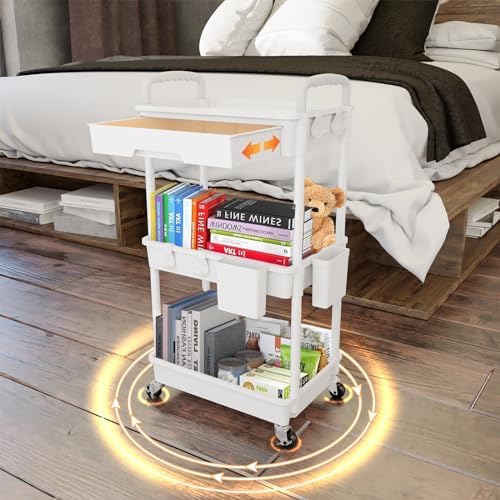 3 Tier Rolling Utility Cart with Drawer,REBECAT Utility Cart Made of Multifunctional Storage Organizer Tool for Kitchen,Bathroom,Living Room,Office(White) - Image 3