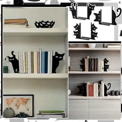 Flutesan 6 Pcs Black Cat Metal Bookends Peeping Cat Book Ends for Shelves - Image 3