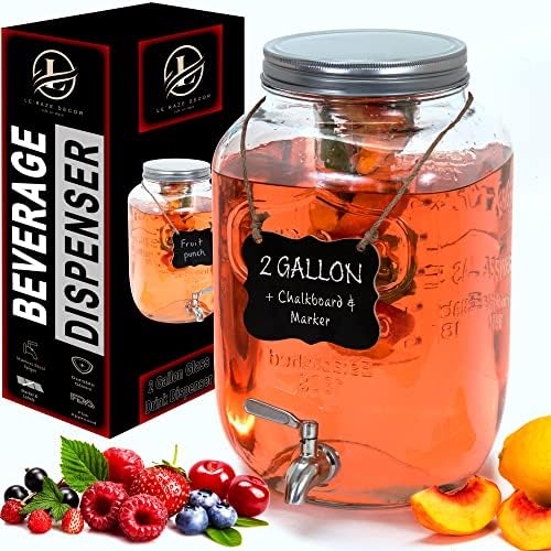 2-Gallon Glass Liquor Decanter Drink Dispenser for Parties - 100% Leakproof Stainless Steel Spigot + Marker & Label and Fruit Infuser, Water Beverage Dispenser Liquid Laundry Detergent Dispenser by LERAZE