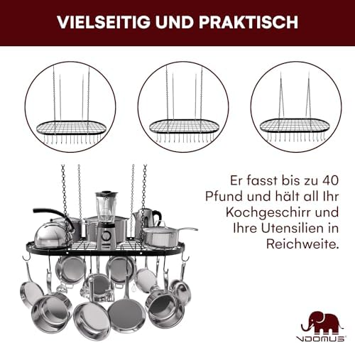Vdomus Heavy-Duty Hanging Pot Rack - 33x17 Inches - Stylish Black Alloy Steel Ceiling Storage with 15 Hooks - Organize Kitchen Cookware and Utensils - Space-Saving Mounted Overhead Holder - Image 3