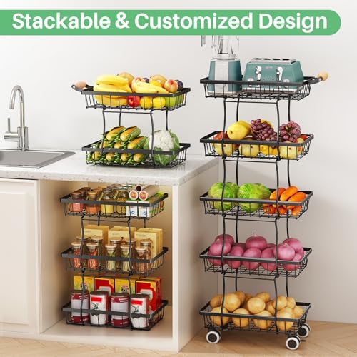 SAYZH 5-Tier Fruit Basket Stand with Vegetable Baskets for Kitchen, Black - Image 4
