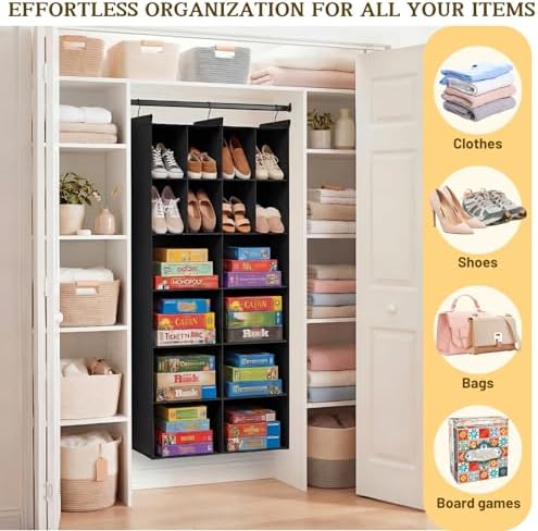 6 Tier Hanging Closet Organizer, 16 Compartments Dual Row Storage, Black - Image 6