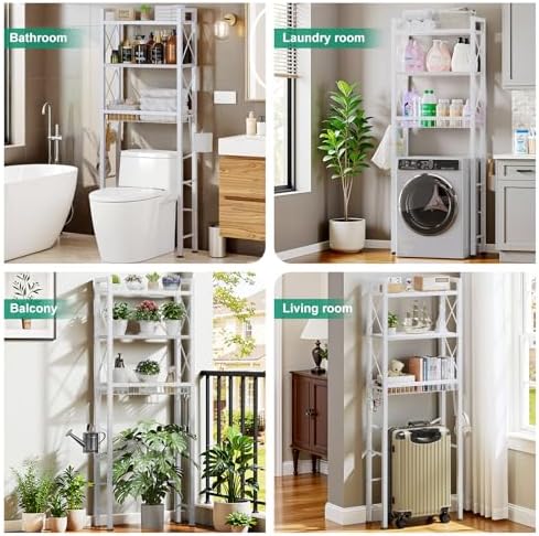 Kalrin Over The Toilet Storage with X Shape Side Guardrail, 3-Tier Over Toilet Storage Rack with Drain Basket, Freestanding Bathroom Organizer for Balcony Laundry, Pure White - Image 3
