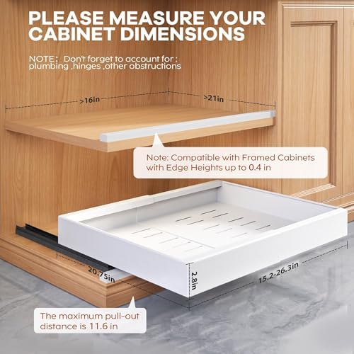 Seinloes 4 Pack Expandable Pull Out Cabinet Organizer 21"Deep With Raising Pad for Framed Cabinets,Upgrade 3 Slide Rails Slide Out Drawers,Roll Out Shelves Adhesive,Adjustable Width 15.15"-26.3" White - Image 4