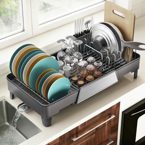Large Expandable Dish Drying Rack, Dish Racks for Kitchen Counter, Space Saving & Rust Resistant Dish Drainer with Removable Drainboard & Utensil Holder, Adjustable Length 16.4 to 24.4 Inches - Image 2
