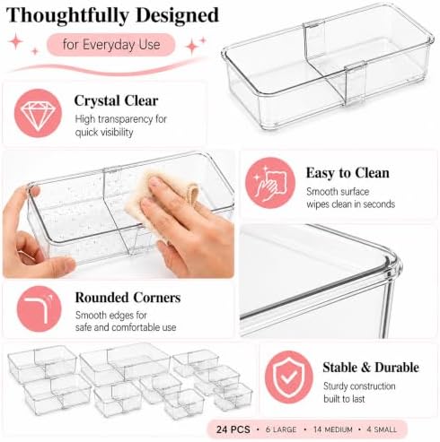 24 Pcs Clear Adjustable Drawer Organizer, 3-Size Expandable Desk Drawer Organizer Box, Acrylic Storage Bins for Makeup, Cosmetic, Kitchen Utensils, Bedroom Dressers Tool Organizer for Gadgets (24) - Image 4