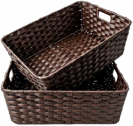 Onlytak Large 2-Pack Plastic Wicker Storage Baskets, 17"x13"x5.5", Brown by onlytak