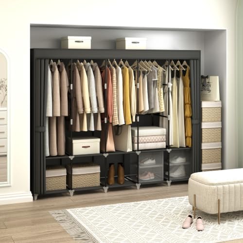 MOGELAFOO 83" Large Capacity Portable Wardrobe Closet for Hanging Clothes with Fabric Cover 5 Hanging Rods, 10 Storage Shelves, Black - Image 4