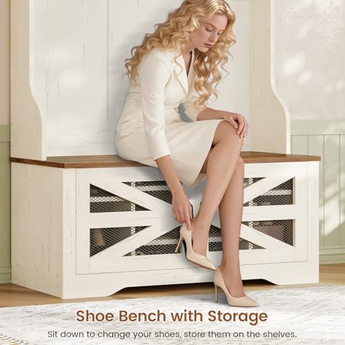 Itaar Hall Tree with Bench and Shoe Storage, 5-in-1 Entryway Bench with Coat Rack, 10 Shoe Cubbies & 9 Coat Hooks, Barn Door & Adjustable Shelf (White) - Image 6