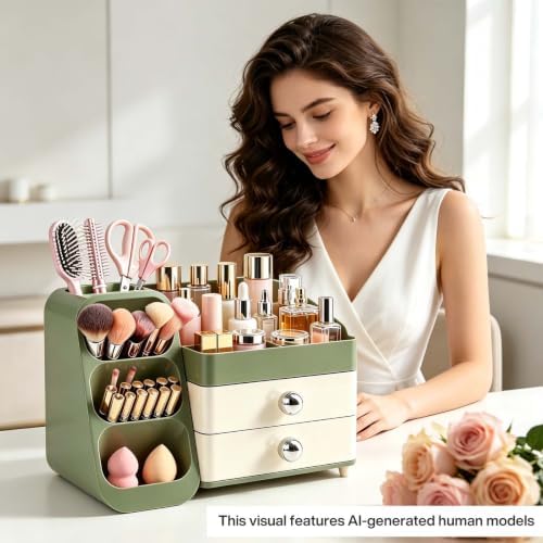 Large Capacity Makeup Organizer Countertop with Makeup Brush Holder for Vanity, Thickened Material(Green) - Image 6