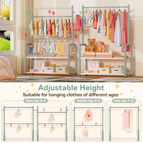Kids Clothing Rack 2 Tier Baby Closet Green Toddler Dress up Racks - Image 3
