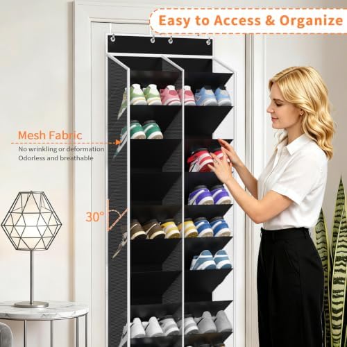 KEEPJOY 20-30 Pairs Over the Door Shoe Organizer, Mesh Hanging Shoe Rack for Door Storage with 20 Wide Deep Pockets,10-Tier Black Door Shoe Holder Fits Sneakers, Boots. - Image 2