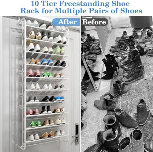 AQQHSAIN 10 Tier Over The Door Shoe Organizer Wall Shoe Shelf Shoe Holder Door Shoe Rack for Closet Pantry Hanging Shoes Clothes Toys Storage Shelves (White) - Image 7