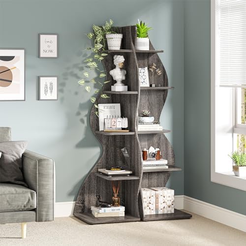 Tribesigns Corner Shelf, Modern 5-Tier Wall Corner Bookshelf, Stylish Corner Small Bookcase Storage Rack Plant Stand with Unique Shape for Living Room, Home Office(Gray, 2PCS) - Image 2