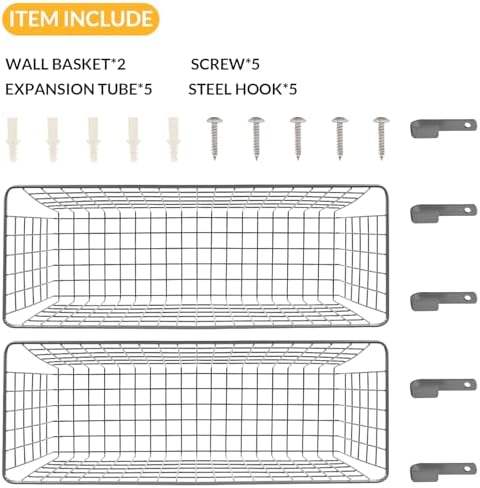 Kinlink 2 Sets Grey Extra Large Hanging Wall Basket with Steel Hooks - Image 4