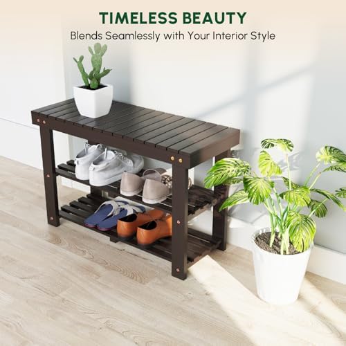 BEEFURNI Acacia Wooden Shoe Rack Bench for Entryway, 3-Tier, Brown - Image 6