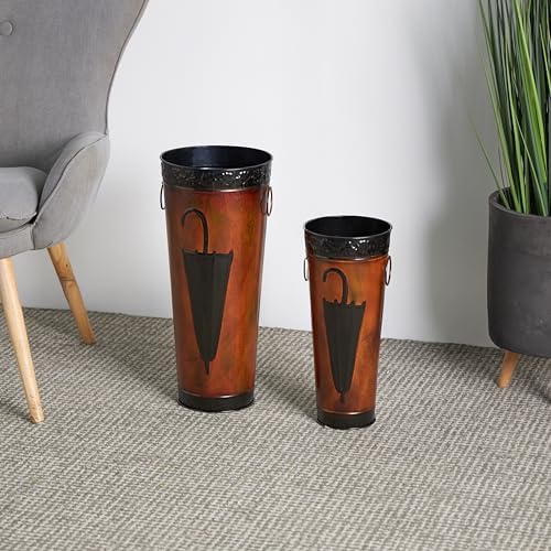 Deco 79 Metal Umbrella Stand with Umbrella Image and Handles, Set of 2 21", 17"H, Brown - Image 3