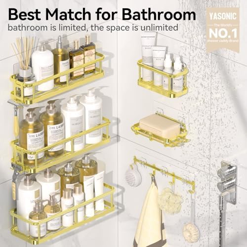 YASONIC Shower Caddy Adhesive, Rustproof Shower Organizer with Soap Holder, Large Capacity Shower Shelves for Inside Shower, No Drilling Bathroom Organizers and Storage for Home Decor（6 Pack Gold） - Image 2