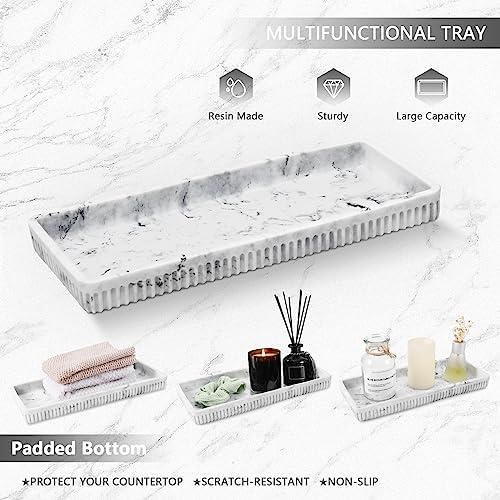 XLHOMO Resin White Marble Bathroom Accessories Set 5 Pcs, Lotion Soap Dispenser, Toothbrush Holder, Bathroom Tumbler, Qtip Holder and Vanity Tray, Bathroom Countertop Organizer Set for Home Apartment - Image 5