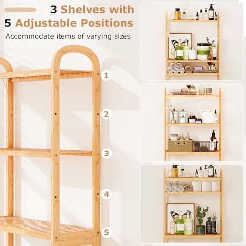 GIANTEX Bamboo Over The Toilet Storage, 3-Tier Over Toilet Bathroom Organizer with 3 Hooks & Adjustable Shelves, Freestanding Space Saver Above Toilet Shelf Rack for Laundry, Balcony, Restroom - Image 5