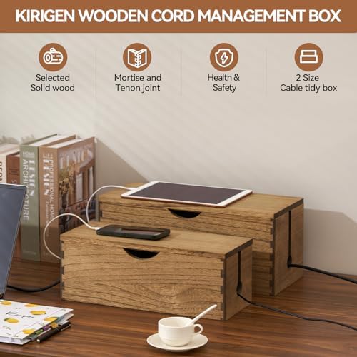 KIRIGEN Wooden Cable Management Box Set of 2, Cord Organizer, Brown - Image 2