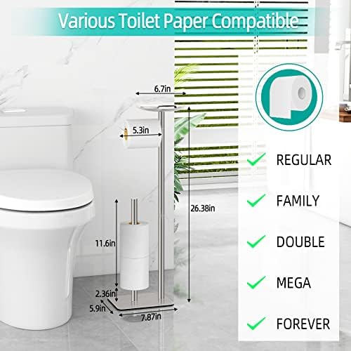 FEILERN Toilet Paper Holder Stand for Bathroom Floor Standing Toilet Roll Dispenser Storages 4 Reserve Rolls, with Top Storage Shelf for Cell Phones, Wipe, Wallet and More(Brush Nickel) - Image 5