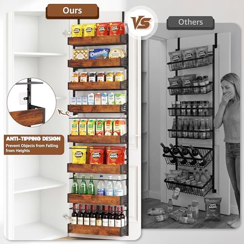 Over The Door Pantry Organizer, 8 Tier Spice Rack with Adjustable Wooden Basket, 2 IN 1 Wall Mount or Hanging Seasoning Organizer, Heavy-Duty Pantry Door Storage Shelf for Kitchen, Laundry Room - Image 6