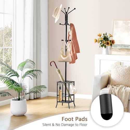 Hoctieon Coat Rack Freestanding, Coat Tree with Umbrella Holder, Metal Coat Rack Stand with 12 Hooks, Standing Coat Hanger Stand, Umbrella Stand for Entryway, Hat Rack Stand for Home Office, Black - Image 3