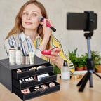 PU Leather Desk Organizer with 3 Drawers,Executive Office Supplies Desktop Filing A4 File Cabinet/Holder for Jewelry/Bill/Paper/Documents/Makeup Home Decor Stationery Storage Box,Black - Image 2