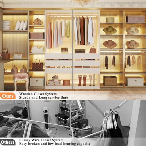 HUAHUU Freestanding 2FT Closet System with 3 Wood Drawers & Glasstop, 24" Closet Organizer System with Hanging Rod & LED Lights, Walk-in Closet Systems for Small Closets, White (24"L x 16" W x 80" H) - Image 6