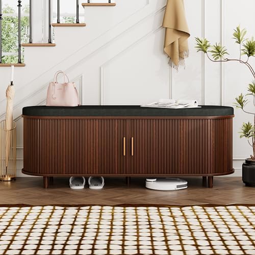 DHH 2-Tier Storage Bench,Wide Shoe Bench with Thickened Padded Seat Cushion, Mid Century Modern Fluted Sliding Door and Adjustable Shelf, for Entryway, Living Room, Bedroom (Walnut, 51.2”) - Image 4