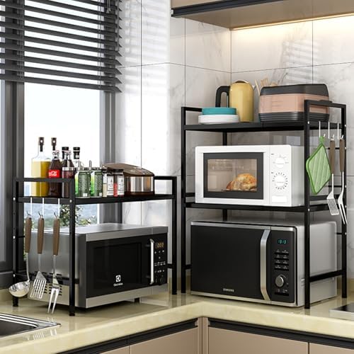 Y YOMA Extendable Microwave Oven Rack, 3 Tier Metal Kitchen Countertop Organizer with 6 Hooks, Adjustable Shelf for Bakers, Holds 60lb, Black - Image 2