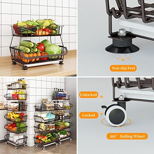 Fruit Vegetable Storage Basket for Kitchen - 4 Tier Stackable Metal Wire Baskets Cart with Rolling Wheels Utility Fruits Rack Produce Snack Organizer Bins for Pantry Bathroom Laundry Bronze - Image 3