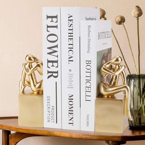 Gold Book Ends Bookends Girl Thinker Design,Bookshelf Accessories,Non-Skid Heavy Duty Resin Book Stopper for Books,Great Gifts for Book Lover,Modern Bookends for Shelves,Resin,1Pair/2Piece - Image 6
