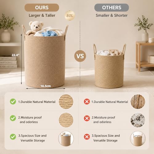 Large Woven Laundry Basket Hamper 80L Cotton Rope Storage Bin Tall Laundry Hamper for Blanket Toy and Clothes Living Room,Baby Nursery,Bathroom, Brown - Image 2