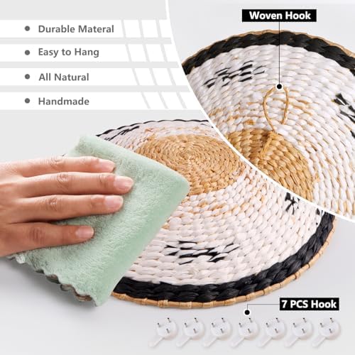 Set of 6 Large Round Rustic Farmhouse Trendy Wall Decor - Rattan Seegrass Handcrafted Hanging Woven Wall Baskets With Attached Hooks - Perfect For Bedroom & Living Room Decor - Image 4