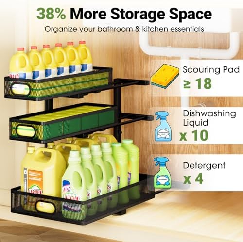 Under Sink Organizer 3 Tier, 4 Pack L-Shaped Pull-Out Cabinet Organizer with Sliding Metal Mesh Drawers, Height Adjustable Under Sink Storage Rack for Kitchen Bathroom Cabinet, Black - Image 6
