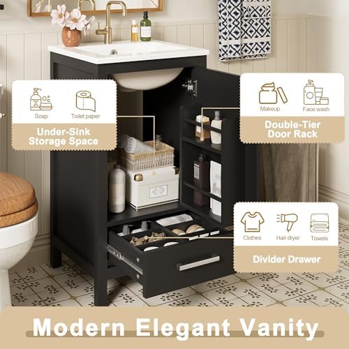 Harper & Bright Designs 18" Bathroom Vanity with Sink, Free Standing Single Vanity Set with One Divider Drawer, and Door Storage Shelf, Wooden Storage Cabinet with Ceramic Basin for Bathroom, Black - Image 6