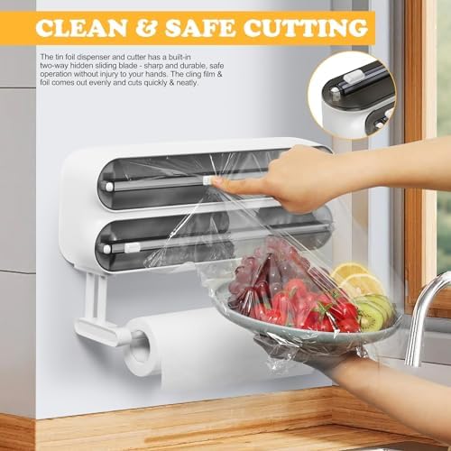 Magnetic Plastic Wrap Dispenser with Cutter - Refillable Tin Foil and Plastic Wrap Organizer for Kitchen, Aluminum Foil Dispenser with Paper Towel Holder Wall Mount - Fits 12" Roll, White - Image 2