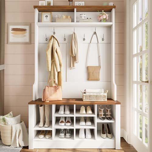 Itaar Hall Tree with Bench and Shoe Storage, 3-in-1 Entryway Bench with Coat Rack, Hall Tree with Adjustable Shoe Storage and Hanging Hooks, White and Brown (White and Brown) - Image 2